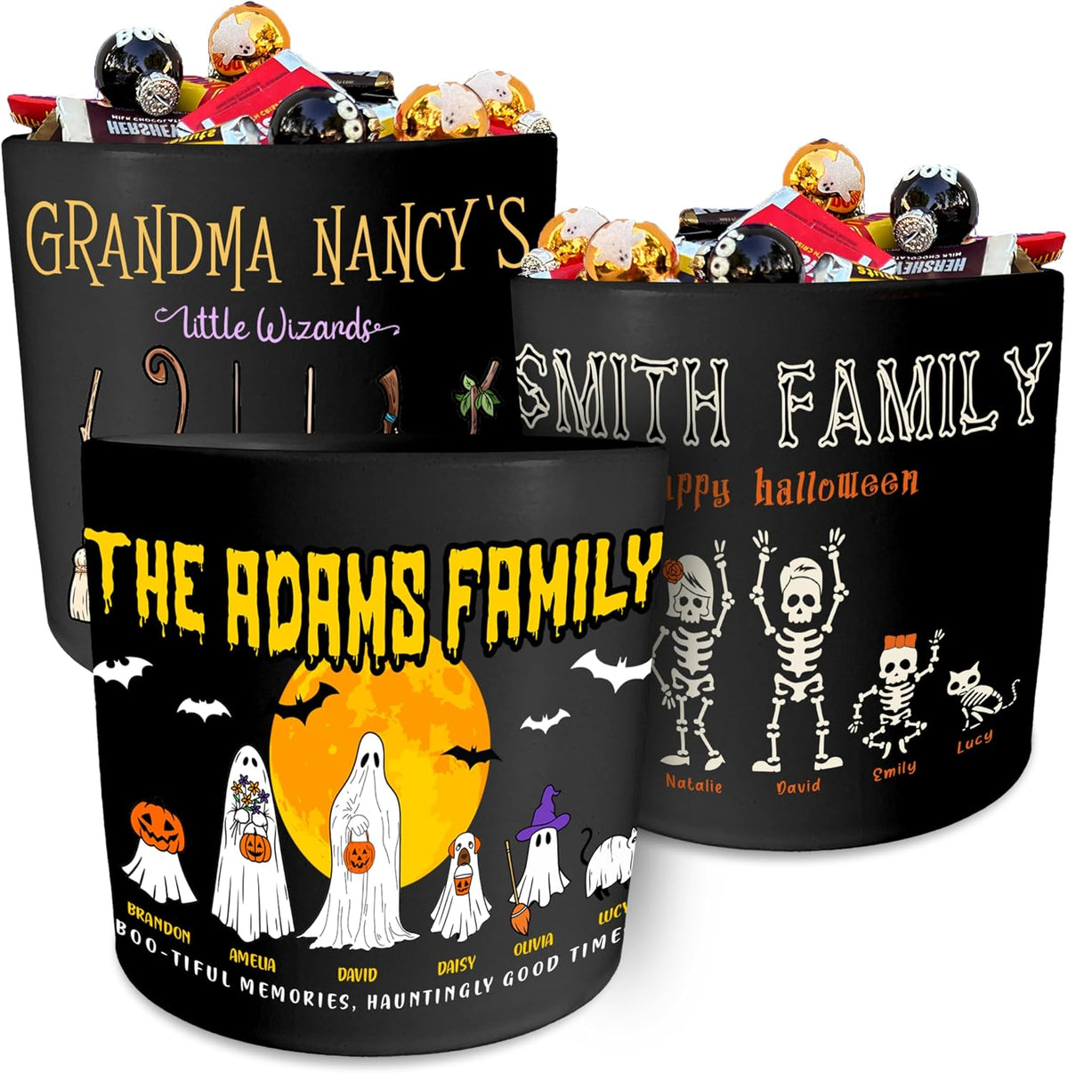 Zexpa Apparel Personalized Halloween Pot with Family Names Gifts for Gradma, Dad, Mom - Candy Bowl Customized Ghost Gift Idea for Families, Pumpkin, Put The Candies, Trick or Treat, Add Text