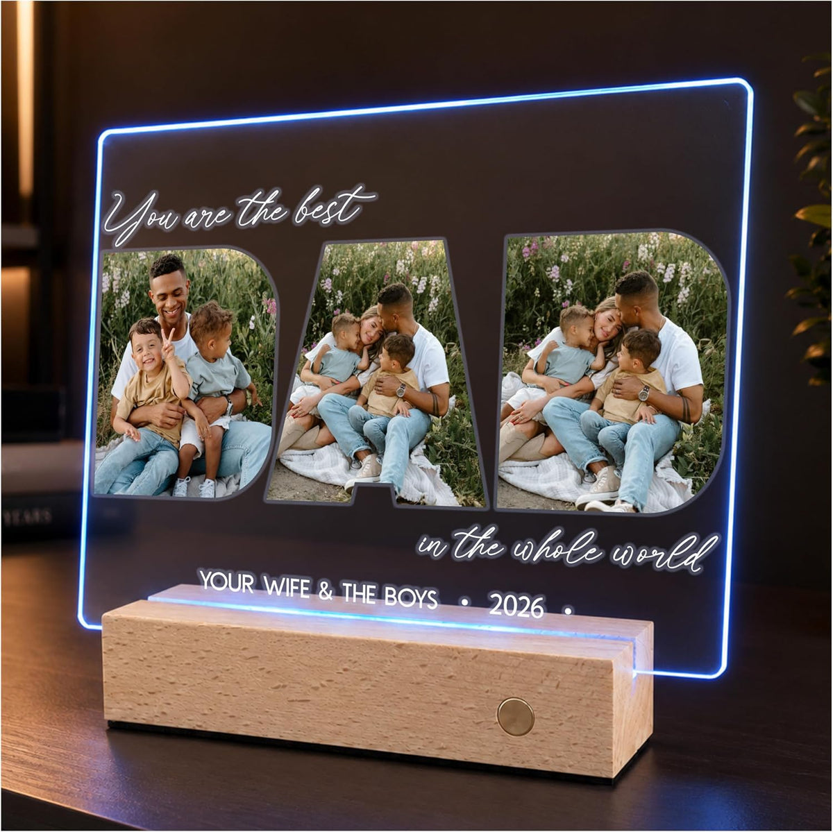 Personalized Father’s Day Present for Dad, Custom Photo Acrylic Plaque with LED Night Light Dad Picture Frame Gift
