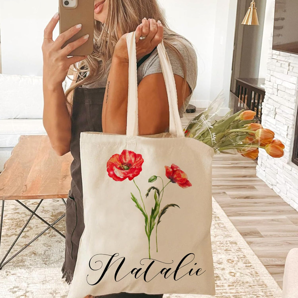 Personalized Floral Tote Bag for Summer, Beach, Birthday, Gift, Shopping and Daily Use - Customized Name Canvas Totes Reusable Bags - Perfect Gifts for Teacher & Bachelorette Party