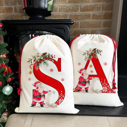 Christmas Gift Santa Sack with Monogram Initials - Holiday Present Bag for Family, Mom & Dad - Pouch for Special Occasions (E)