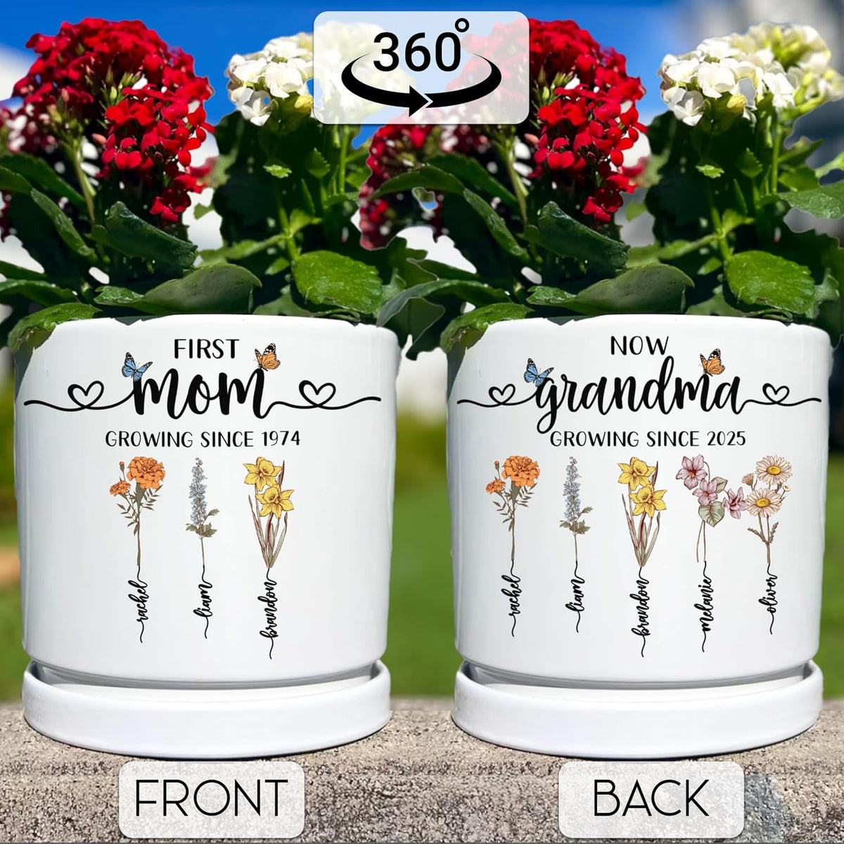 Zexpa Apparel Personalized Flower Pot for Grandma, Mom or Nana, Custom Birth Month Flower Planter with Names, Unique, Mother’s Day, Birthday or Holiday Present, Ceramic Pot