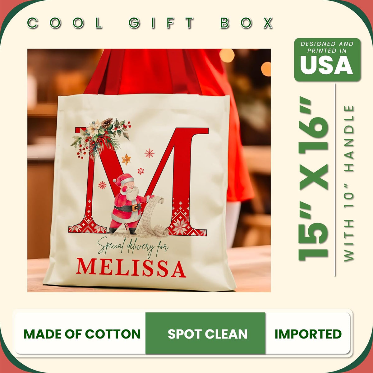 Personalized Initial Christmas Gift Bag, Custom Monogram Holiday Tote Sack