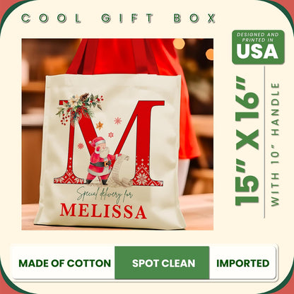 Personalized Initial Christmas Gift Bag, Custom Monogram Holiday Tote Sack