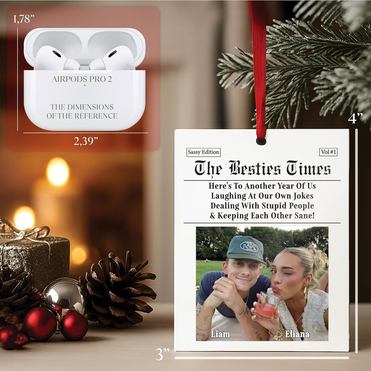 Funny Personalized Newspaper Ornament – Custom Photo Christmas Keepsake for Best Friends, Sisters, Girls – Unique with Names & Year – Friendship Acrylic Decoration for Tree or Room Decor