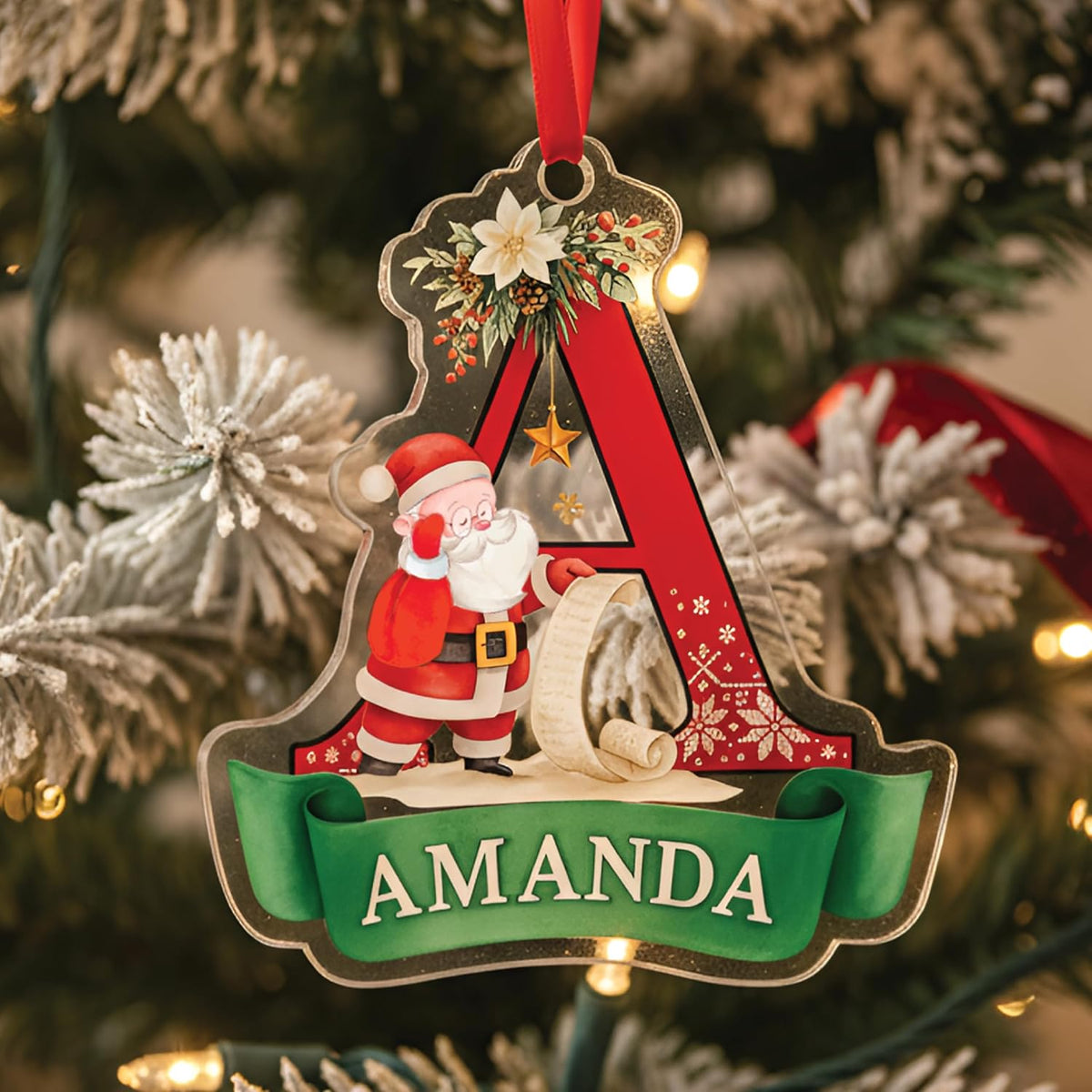 Personalized Santa Initial Ornament - Custom Acrylic Letter Christmas Decoration with Name - Holiday Tree Gift for Kids, Girls, Boys, Family - Santa List Monogram Ornament