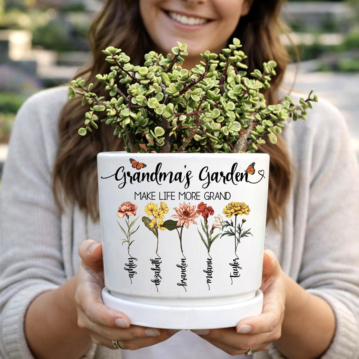 Zexpa Apparel Personalized Flower Pot for Grandma, Mom or Nana, Custom Birth Month Flower Planter with Names, Unique, Mother’s Day, Birthday or Holiday Present, Ceramic Pot