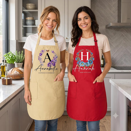 Personalized Apron with Name Floral Initial Custom Kitchen Gift for Women