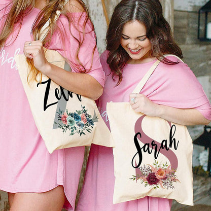 Personalized Bridesmaid Tote Bag with Initial and Name, Custom Floral Gift