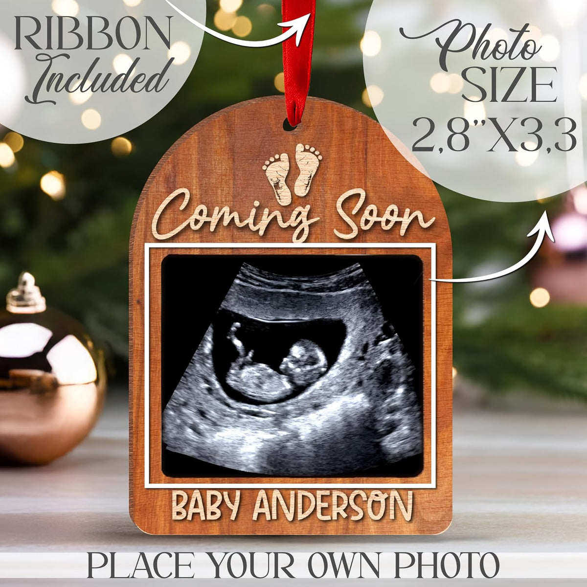 Coming Soon Baby Announcement Ornament – Personalized Wood Frame for Ultrasound Photo – Pregnancy Reveal Keepsake for New Parents, Grandparents, Christmas Tree or Year-Round Display