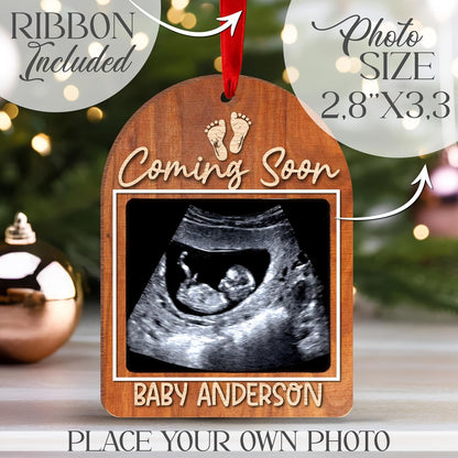 Coming Soon Baby Announcement Ornament – Personalized Wood Frame for Ultrasound Photo – Pregnancy Reveal Keepsake for New Parents, Grandparents, Christmas Tree or Year-Round Display