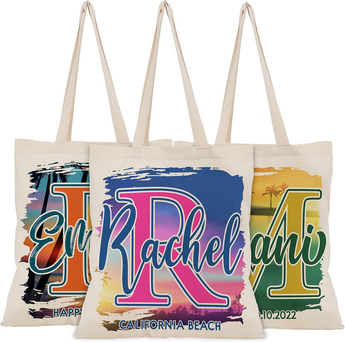 Personalized Summer Tote Bag for Women w/Name-Text - 6 Design - Customized Initial Name Beach Tote Bags Gifts for the Vacation - Customizable Canvas Purses Shoulder Bag Custom Totes Bag Girl C2