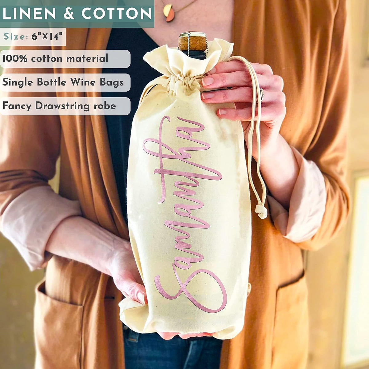 Personalized Burlap Wine Bag with Name, Custom Drawstring Bottle Gift Bag