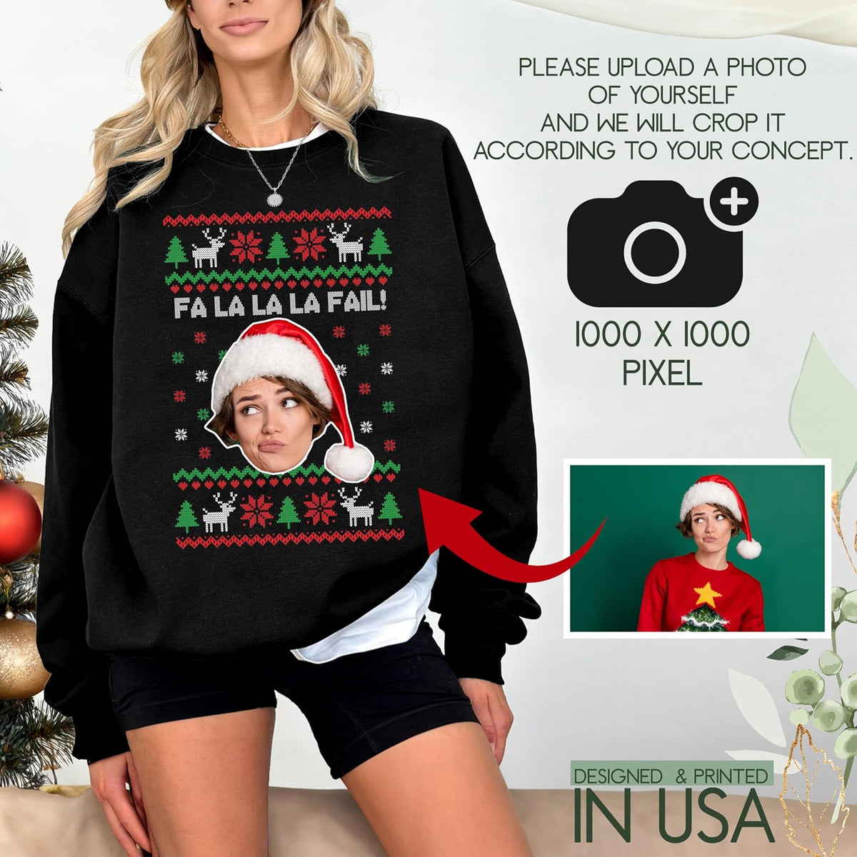 Personalized Ugly Christmas Funny Face Monogrammed Sweathirt & T-Shirt - Custom Graphic Tee in Multiple Colors - Add Your Text and Photo - Unique for Friends & Family, Office Party