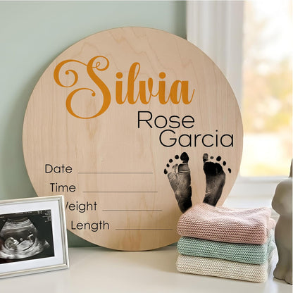 Personalized Baby Name Birth Stats Sign - Custom Wooden Round Keepsake for Newborn with First Footprint Design - Add First Middle Last Name, Date, Time, Weight, Length - Baby Gifts