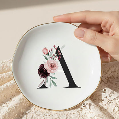 Personalized Floral Initial Ring Dish Jewelry Holder, Custom Monogram Ceramic Trinket Tray with Gold Rim, Bridesmaid Proposal Gift, Wedding Engagement Gift for Bride, Birthday Gift for Women