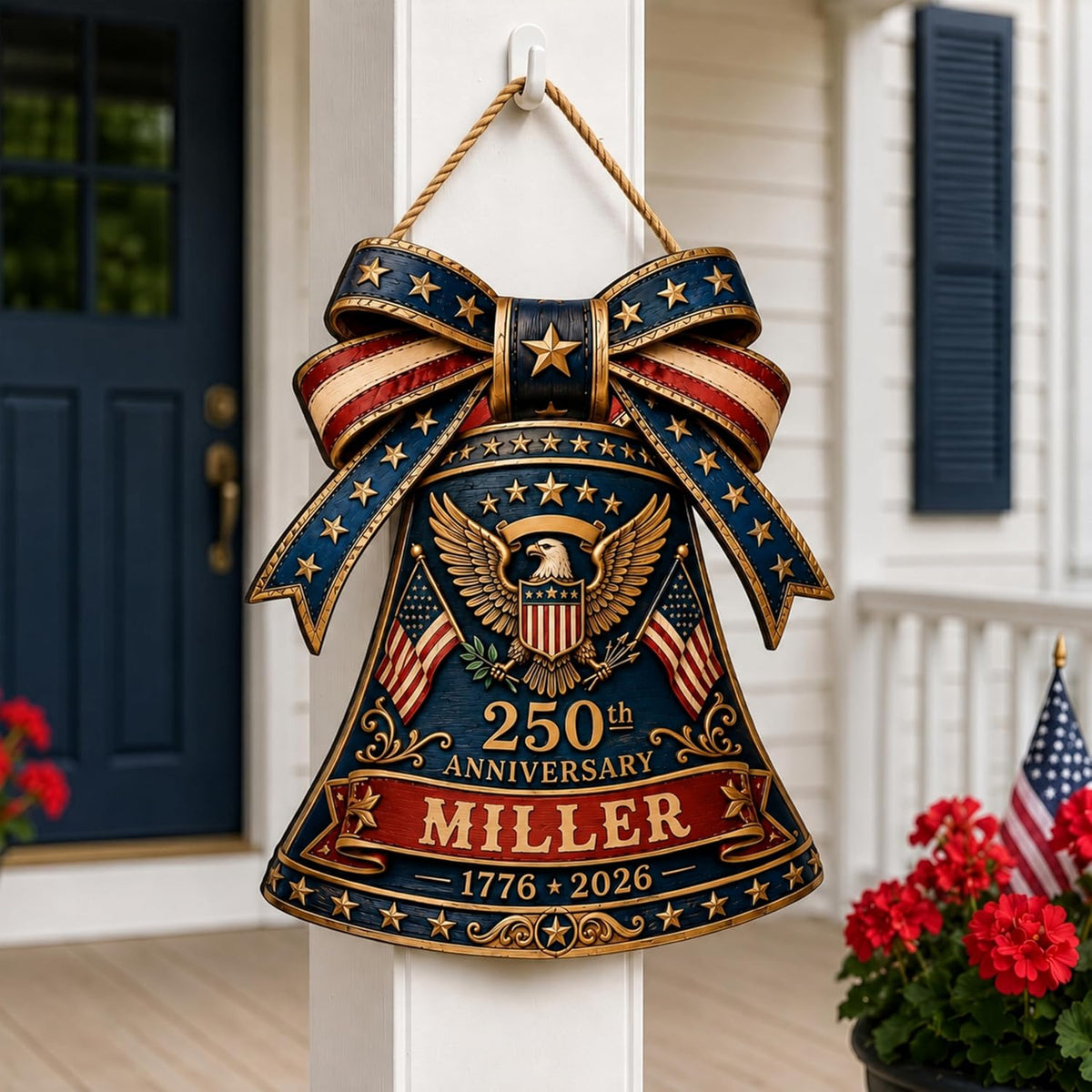 Personalized Eagle Patriotic Door Sign for Front Door, Custom Family Name America 250th Anniversary Wooden Door Hanger, USA 1776-2026 Independence Day 4th of July Wall Decor