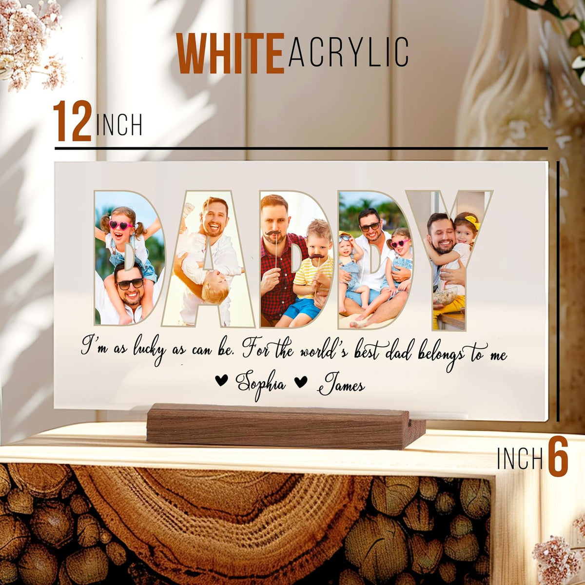 Personalized Father's Day Acrylic Photo Sign with Custom Text – Unique Christmas Gift for Dad, Grandpa, Papa – Custom Keepsake Plaque for Him from Kids – Clear Desktop or Shelf Home Décor