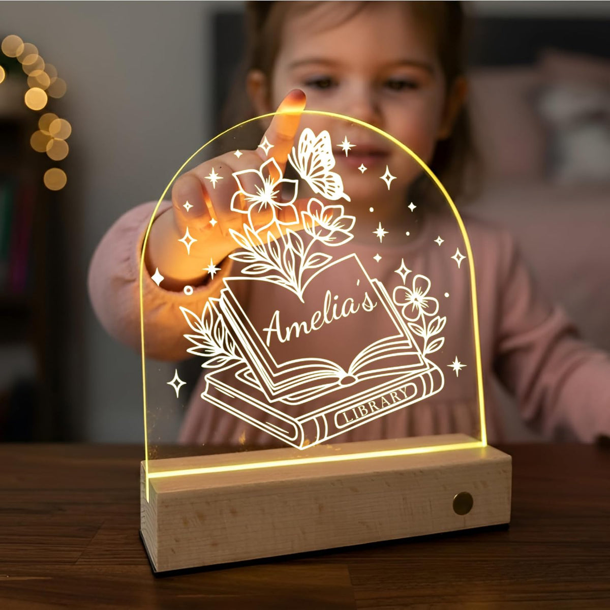 Personalized LED Acrylic Book Nook Light with Name - Custom Night Lamp for Kids Bedroom, Library or Reading Nook - 8 Color Touch Base - Bookish Gift for Bookworms, Readers, Girls & Boys