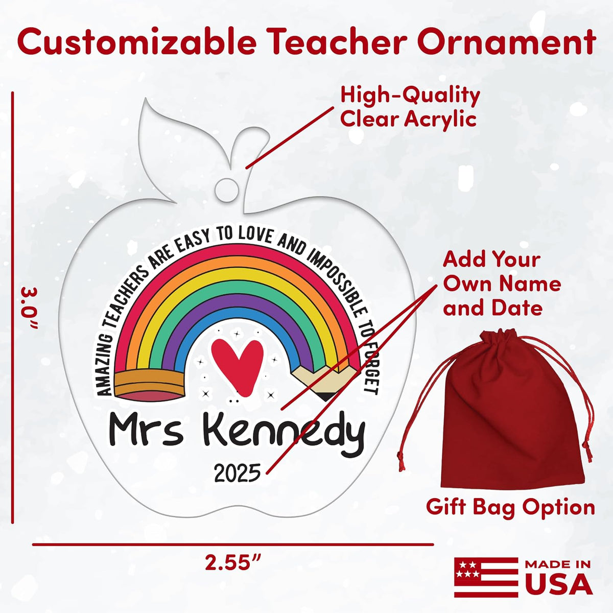Personalized Teacher Christmas Ornament – Custom Apple Acrylic Tree Decoration with Name & Year – Rainbow Heart Design Holiday Keepsake, Teacher Appreciation Gift, End of Year Classroom Present