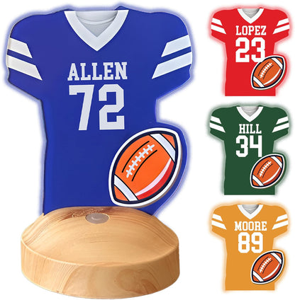 Personalized Football Jersey Night Light with Name & Number – Custom Team Uniform Acrylic LED Lamp with Wooden Base – Football Decor Gift for Boys, Kids, Teen Athletes – Room Sports Decoration