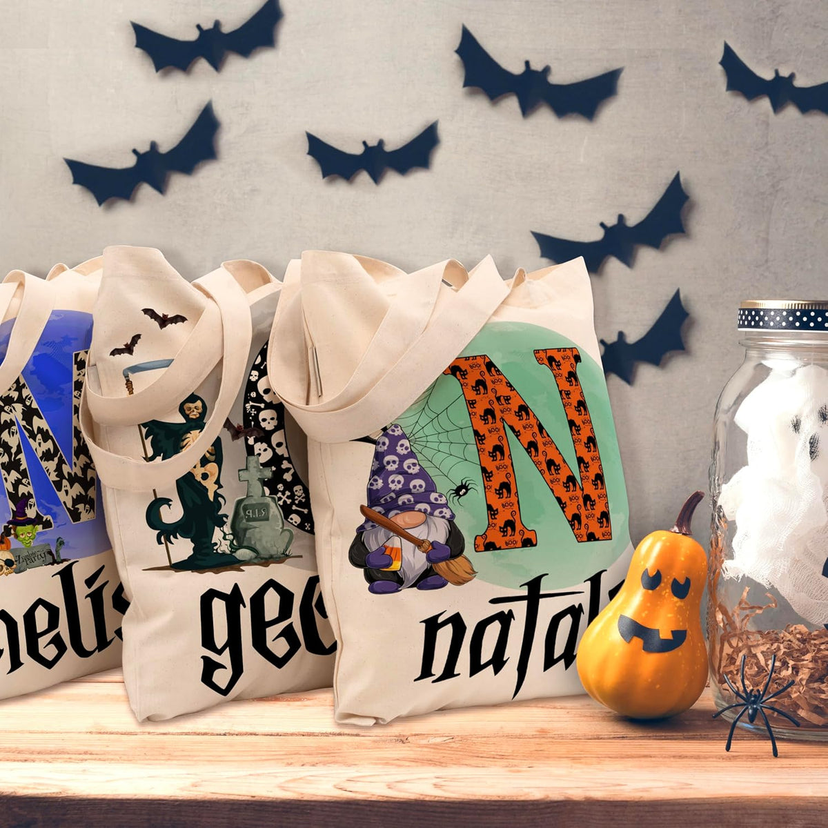 Personalized Halloween Canvas Tote - Custom Name & Initials Trick or Treat Bag with Pumpkin, Skeleton - Reusable 15x16" Gift Bag for Halloween Parties & Everyday Use 6 Designs