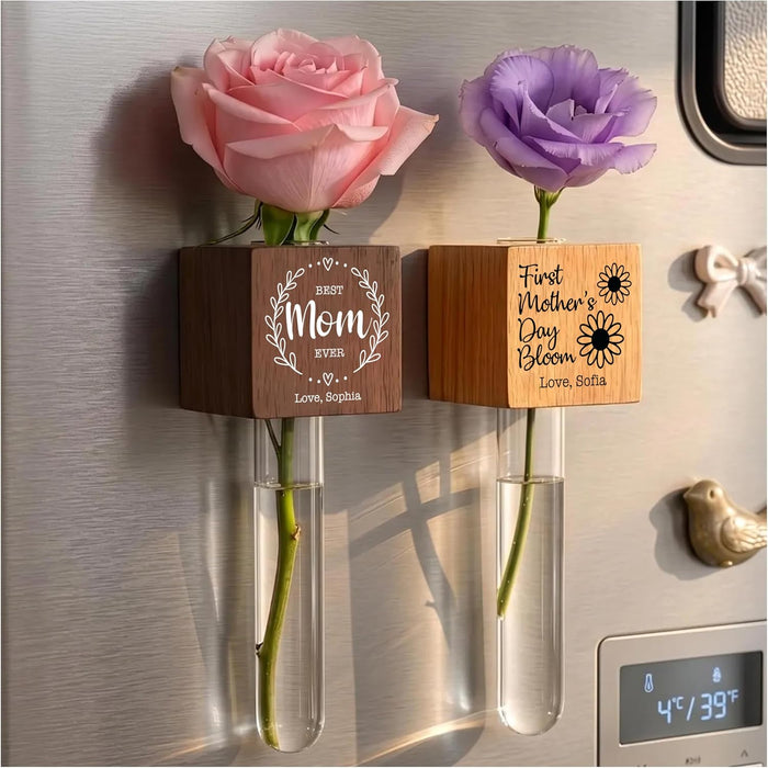 Personalized Mother's Day Flower Vase, Magnetic Wooden Bud Vase with Glass Test Tube, Mom Gift from Daughter Son, Refrigerator Magnet Decor for Grandma, Choose Design and Name