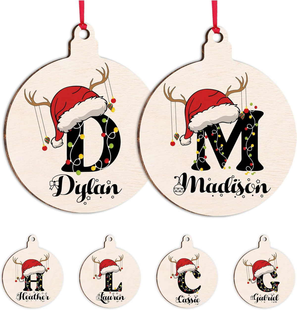 Personalized Christmas Santa Hat Initial Ornament, Customized Wooden Family Name Xmas Tree Decoration, Custom Monogrammed Stocking & Gift Bag Tag
