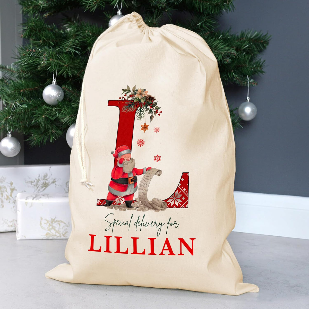 Customized Initial Santa Sack, Personalized Christmas Gifts Drawstring Pouch, Custom Monagrammed Xmas Gift Bag for Holiday Presents