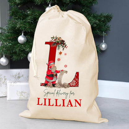 Customized Initial Santa Sack, Personalized Christmas Gifts Drawstring Pouch, Custom Monagrammed Xmas Gift Bag for Holiday Presents