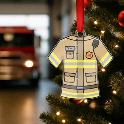 Personalized Firefighter Uniform Ornament – Custom Acrylic Christmas Keepsake with Name on Tan Reflective Design – Fireman Gift for Family, Friends, Hero First Responder Tree Decoration