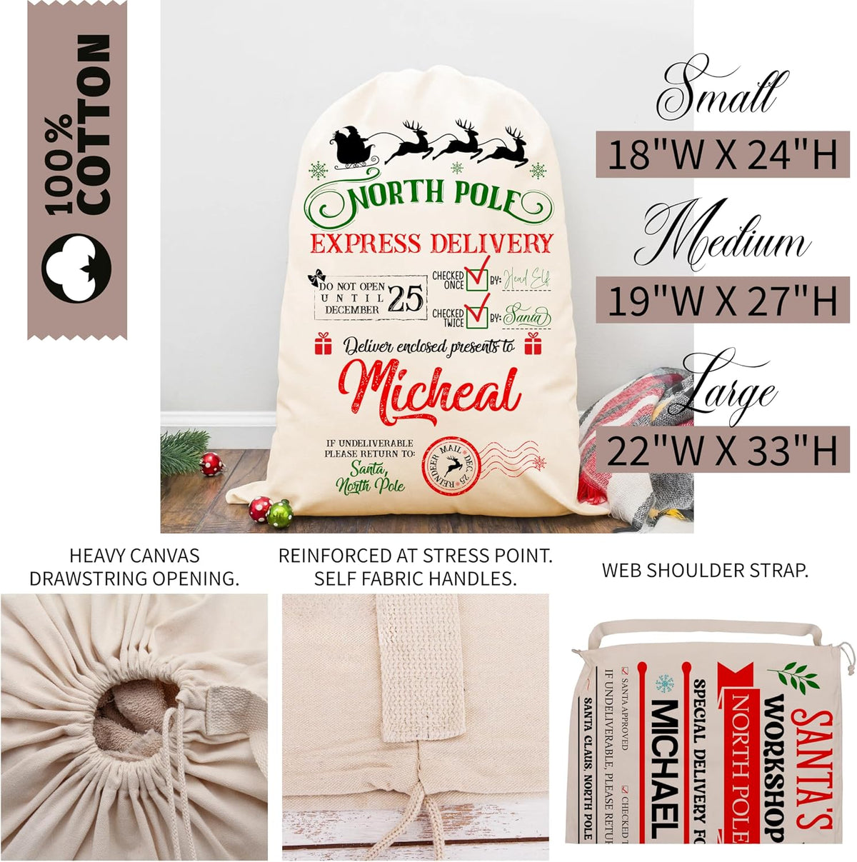 Custom Christmas Santa Sack, Personalized Xmas Sacks, Customized Drawstring Gift Bag for Presents, North Pole Gifts Pouch (Medium)