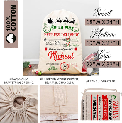 Custom Christmas Santa Sack, Personalized Xmas Sacks, Customized Drawstring Gift Bag for Presents, North Pole Gifts Pouch (Medium)