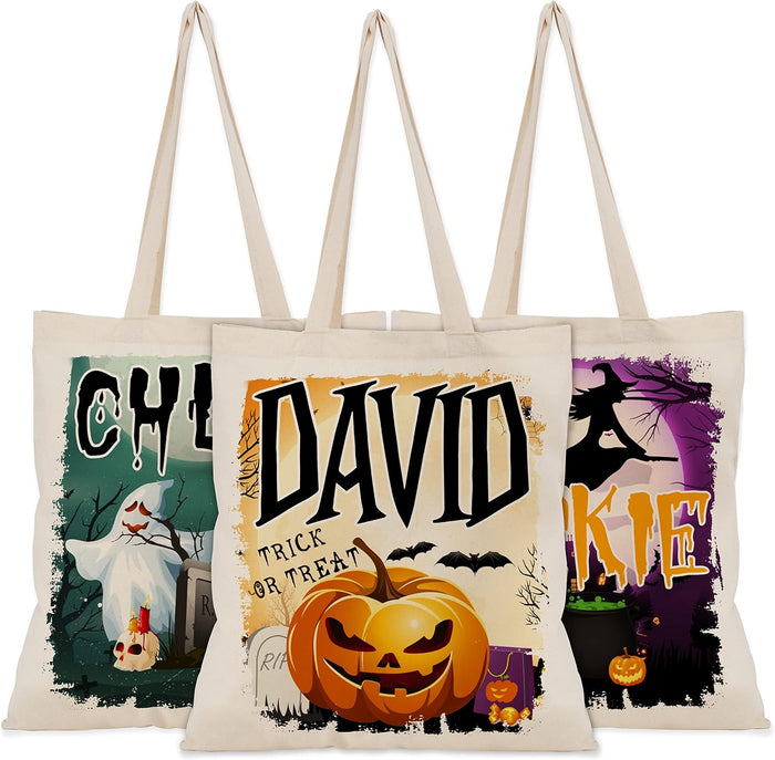 Personalized Halloween Tote Bags - 6 Designs, 15x16 Inches - Custom Scary Canvas Bags for Parties, Reusable Grocery Bags with Pumpkin, Black Cat, Castle, Reaper, Witch Designs