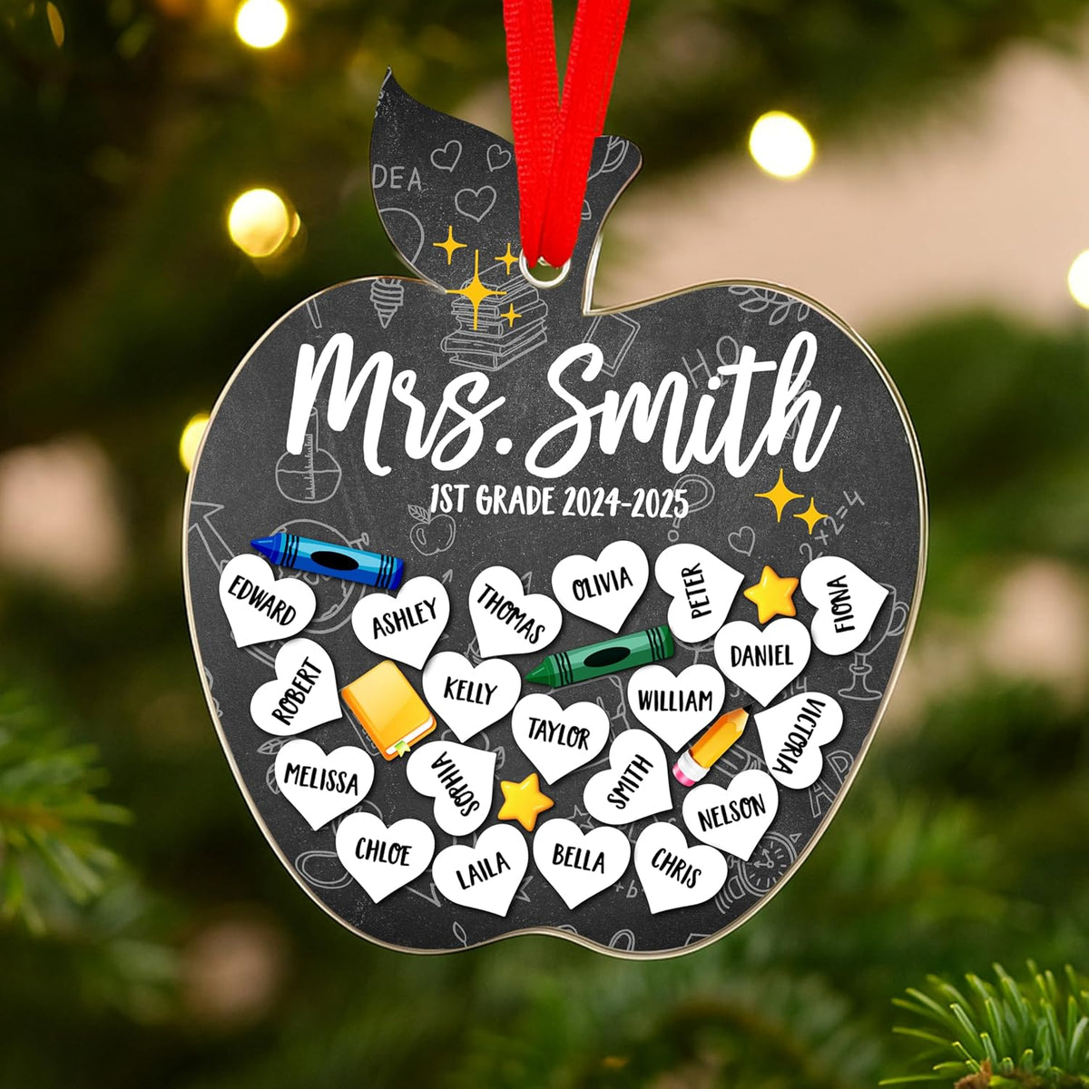 Personalized Teacher Ornament Gift from Students - Custom Acrylic Hanging Decoration with Teacher & Kids Names - Christmas Tree Keepsake for End of Year, Appreciation, Back to School