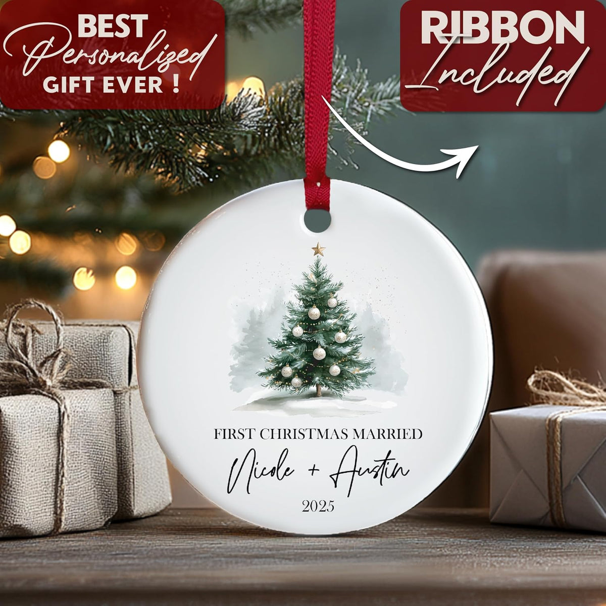Custom Ceramic Christmas Ornaments with Photo & Names - Personalized First Married Christmas - Unique for Husband & Wife with Picture - Merry Christmas Tree Present