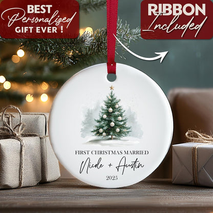 Custom Ceramic Christmas Ornaments with Photo & Names - Personalized First Married Christmas - Unique for Husband & Wife with Picture - Merry Christmas Tree Present
