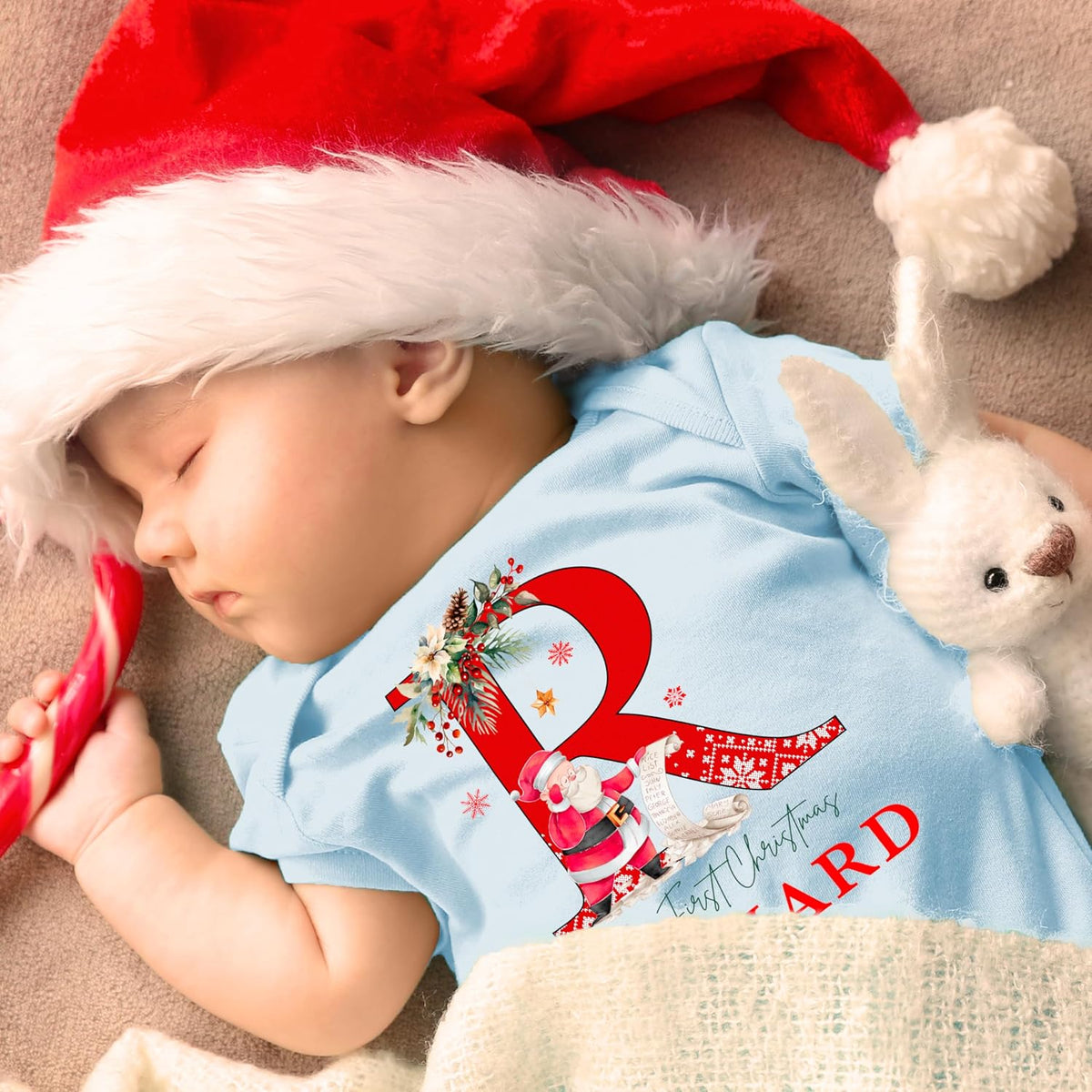 UNIQUE CUSTOM GIFTS Personalized Christmas Initial Santa Baby Onesie, Customized My Firsy Xmas Monogrammed Babys Bodysuit with Name