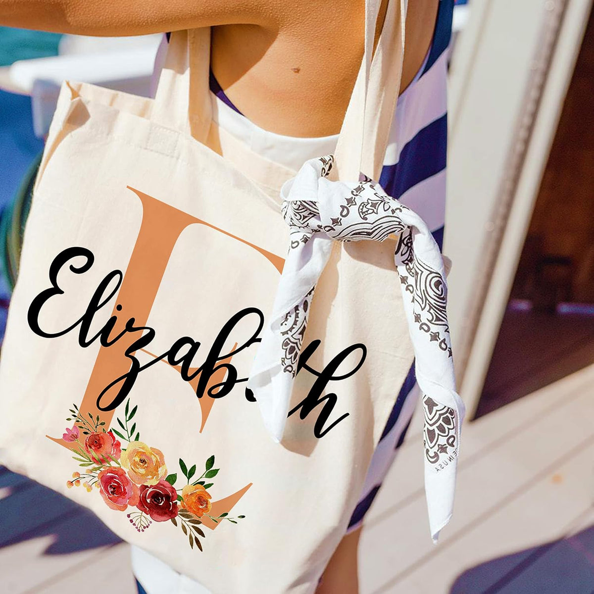 Personalized Bridesmaid Tote Bag with Initial and Name, Custom Floral Gift