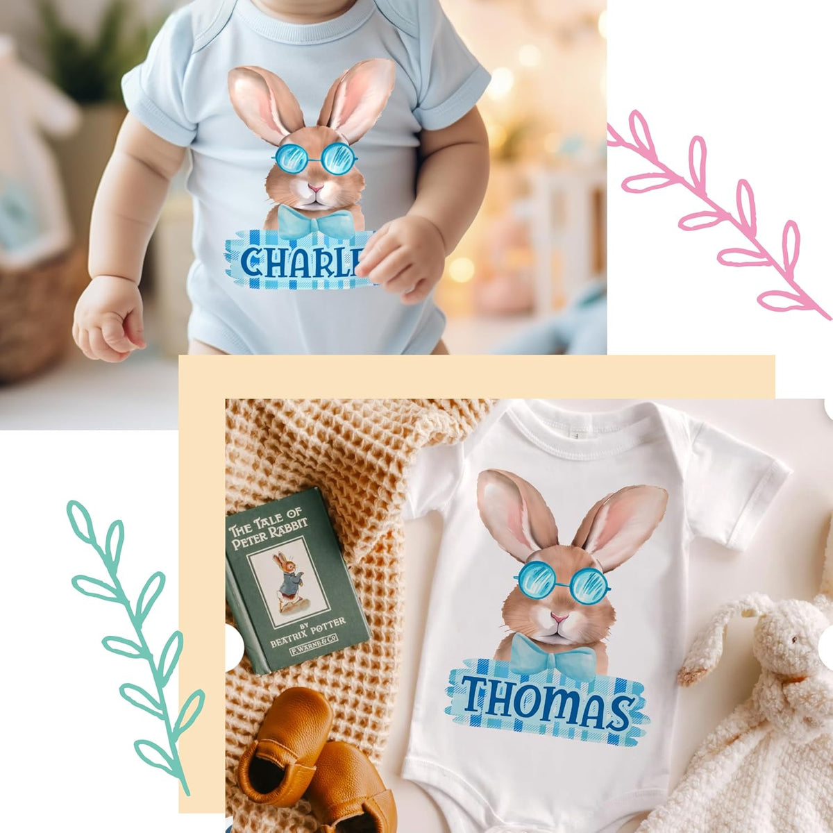 Personalized Easter Baby Bodysuit with Name, Custom Bunny Newborn Outfit