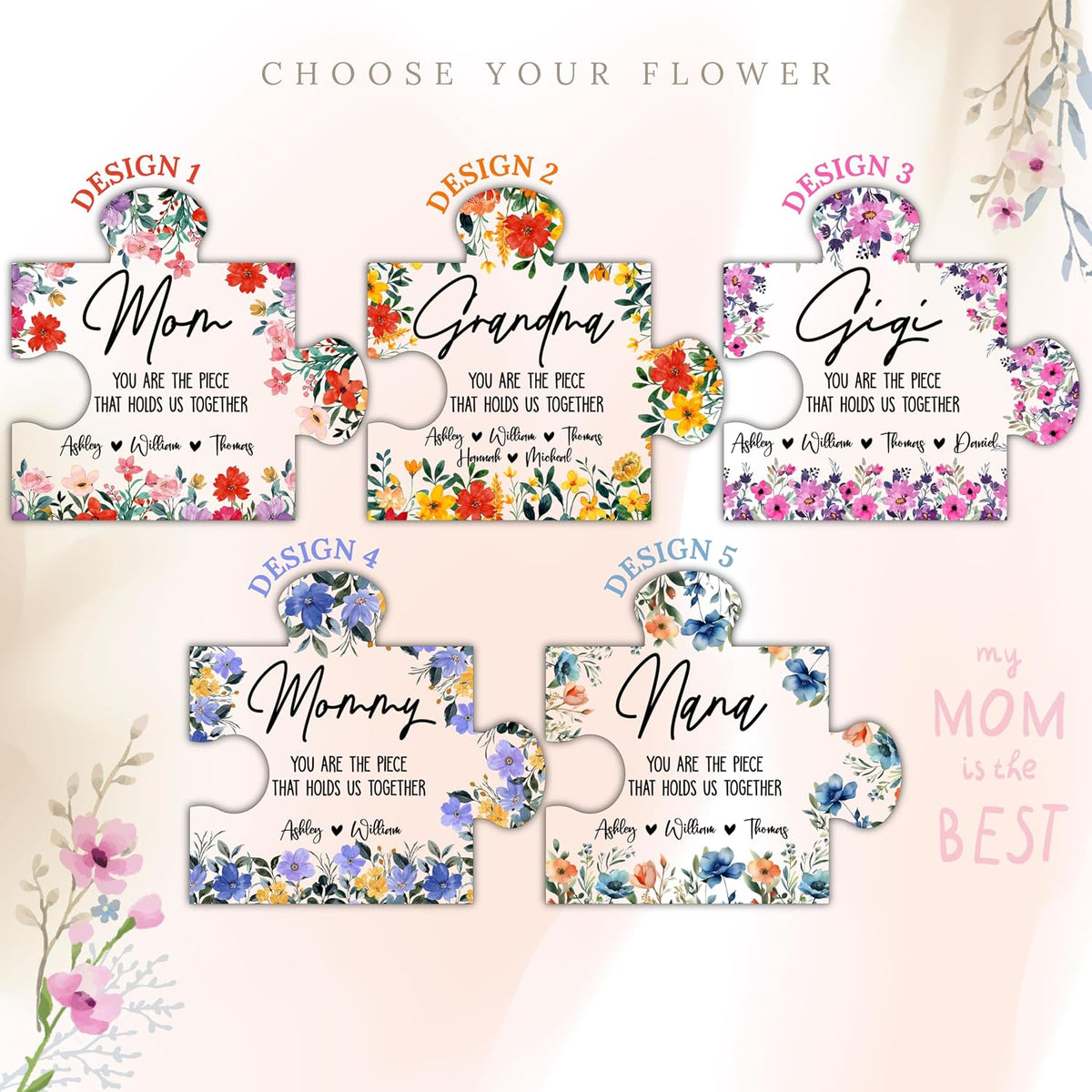 Personalized Acrylic Plaque Gift for Mom Grandma Nana - Custom Floral Name Keepsake for Mother’s Day, Birthday, Christmas - Clear Puzzle Block Home Table Decorative from Family