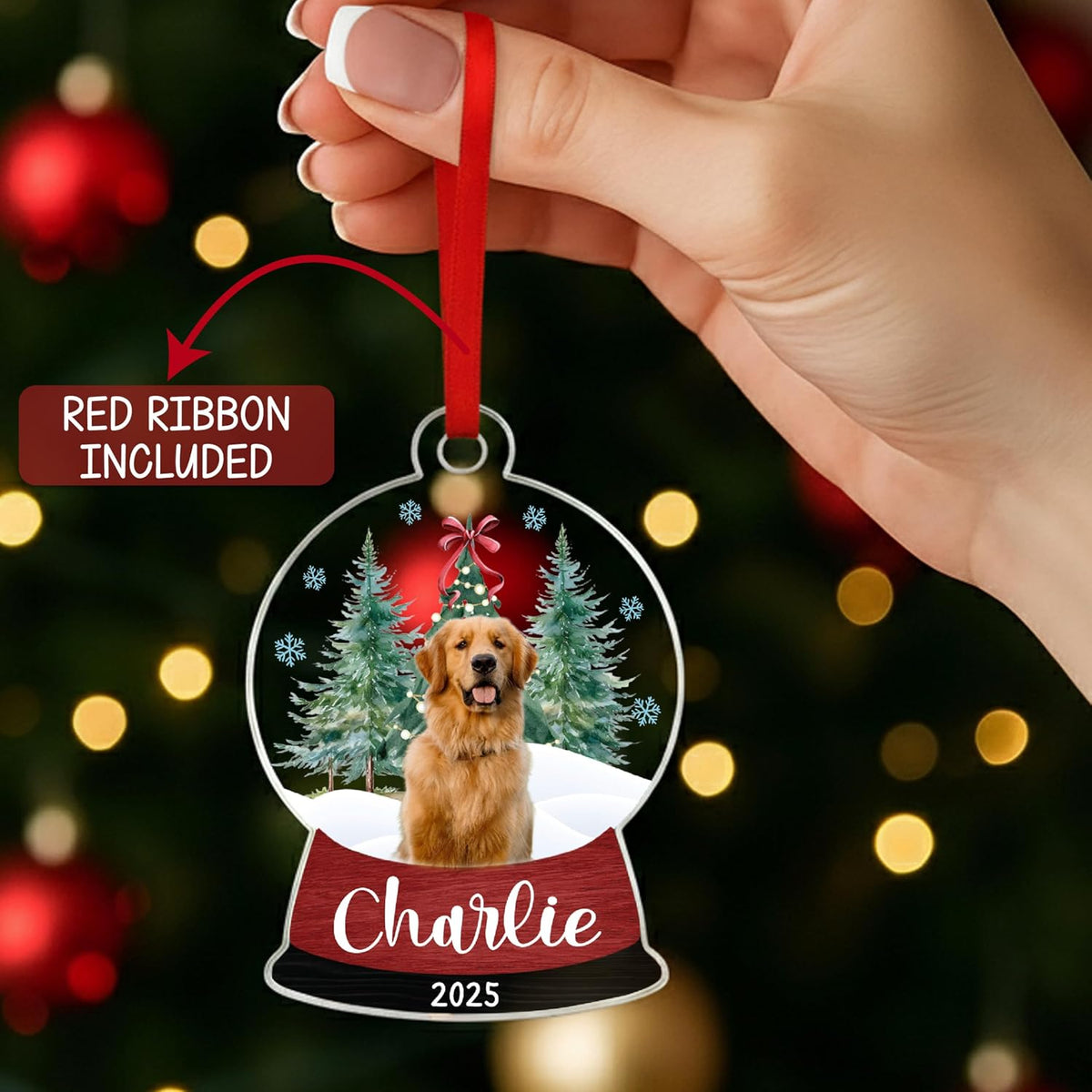 Personalized Christmas Photo Ornament, Custom Acrylic Snow Globe Keepsake with Name, Year & Picture, Holiday Tree Decoration Gift for Couples, Family, Wedding, Engagement, Pet Memorial