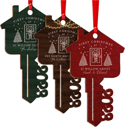 Custom First Christmas in Our New Home Address Key Wood Ornament, Personalized Xmas Housewarming Gift