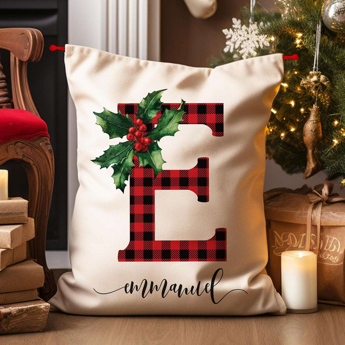Custom Christmas Plaid Initial Santa Sack, Personalized Monogrammed Xmas Drawstring Large Gift Pouch for Holiday Presents