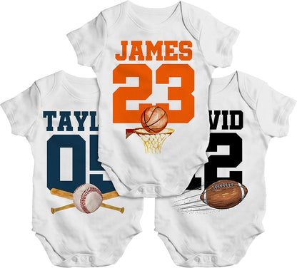 Personalized Sports Baby Onesie for Boys, Custom Baseball Bodysuit Gift