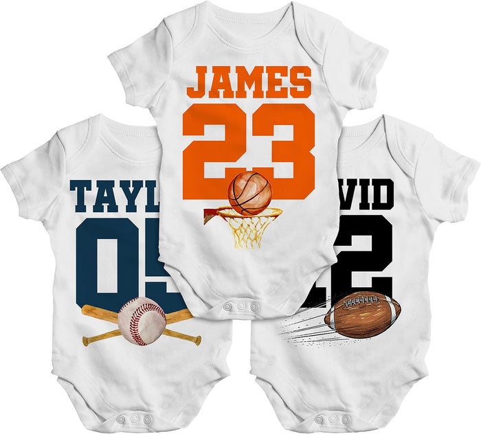 Personalized Sports Baby Onesie for Boys, Custom Baseball Bodysuit Gift