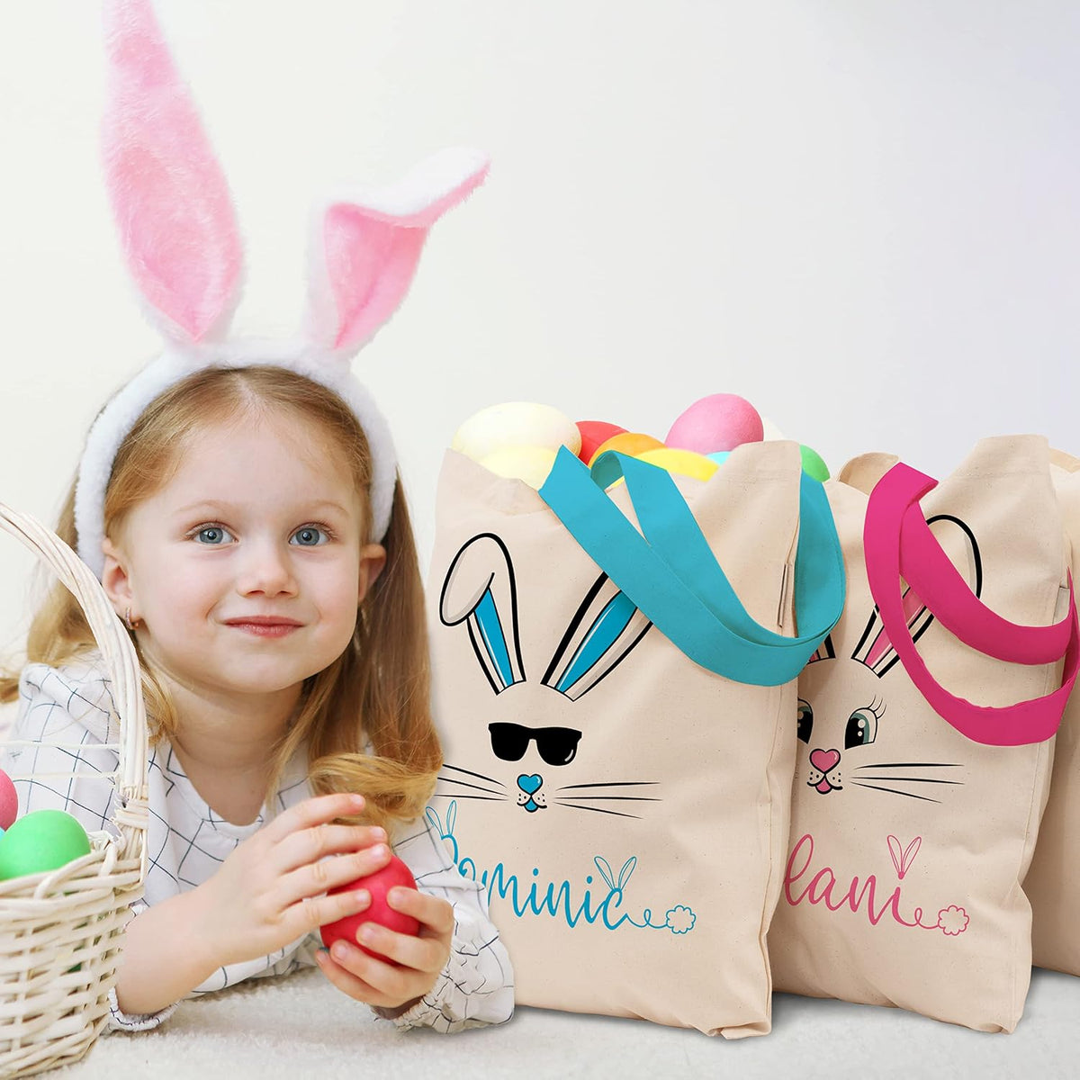 Personalized Easter Bunny Tote Bag with Name, Custom Egg Hunt Gift