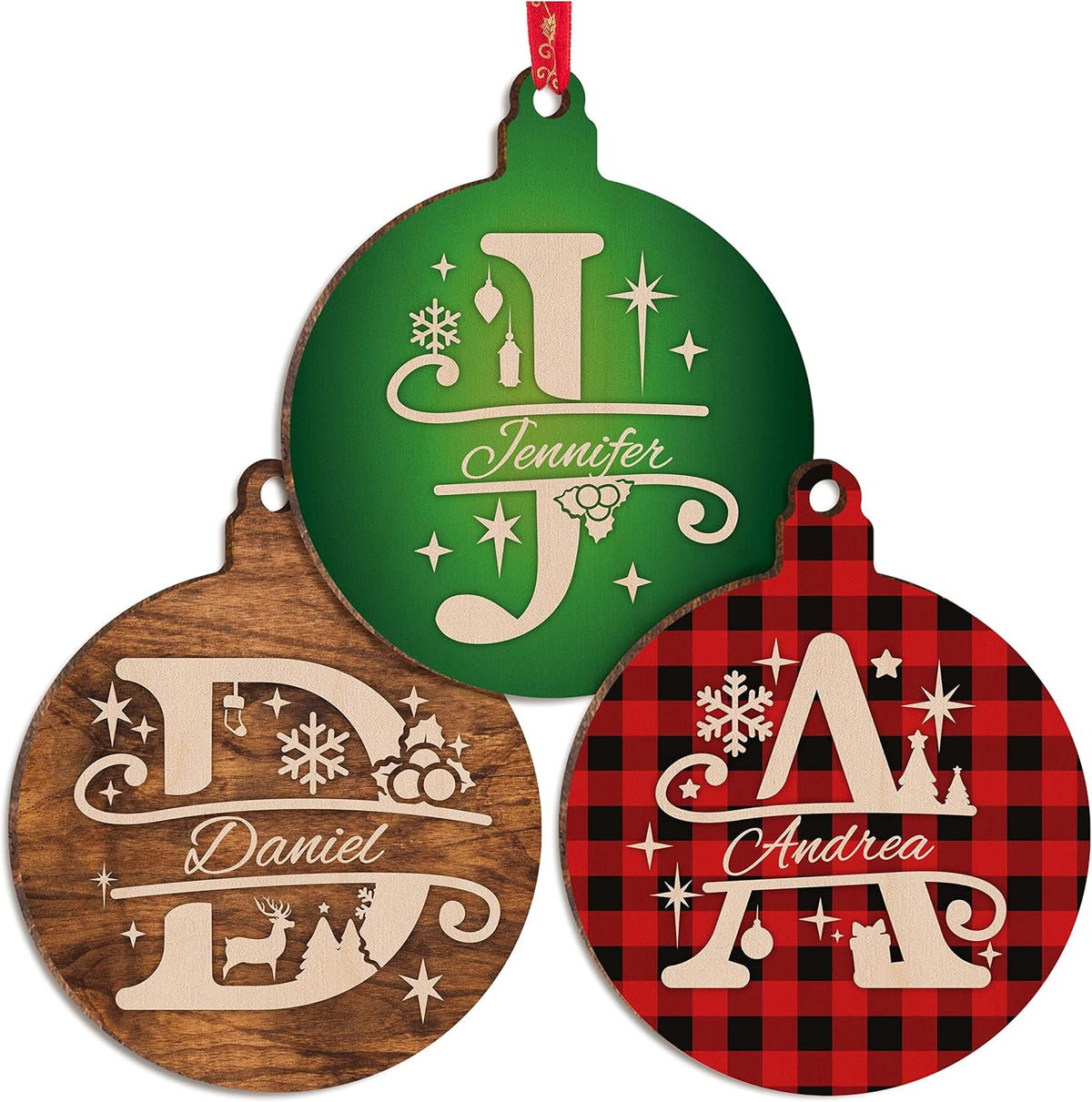 Personalized Christmas Initial Ornament with Name, Custom Wooden Round Decor