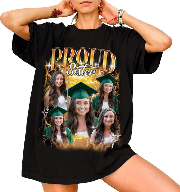 Personalized Proud Sister Graduation Photo T-Shirt - Custom Graduate Picture Collage Shirt for Women - Customizable Family Support Tee for High School or College Graduation Gift Celebration