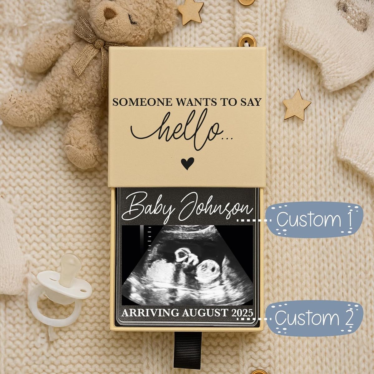 Pregnancy Announcement Keepsake – Personalized Ultrasound Sonogram Drawer Box with “Someone Wants to Say Hello” – Custom Acrylic Photo Frame with Baby Name & Due Date – Baby Shower & Grandparent Gift