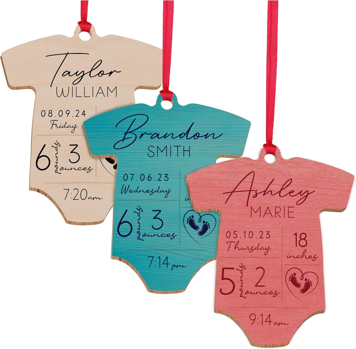 Custom Baby Stats Christmas Tree Decor Ornament, Personalized Babys First Xmas Bodysuit Shape Stocking & Gift Name Tag
